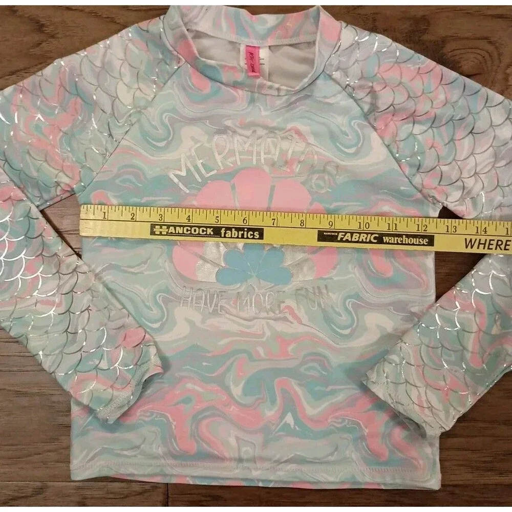 BETSEY JOHNSON Girls Size 12 Rash Guard Swim Suit Top Mermaids Have More Fun